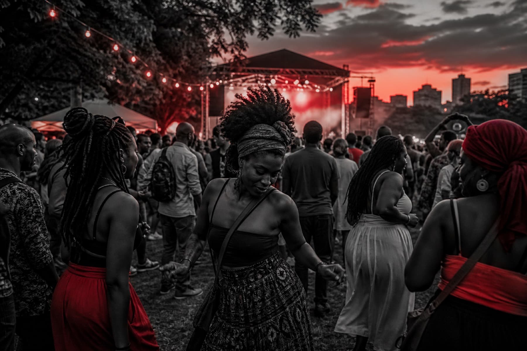 Crowd dancing at sunset at Choma Festival